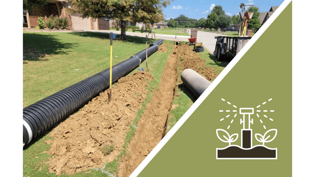 Professional landscape drainage and irrigation installation along a residential property edge