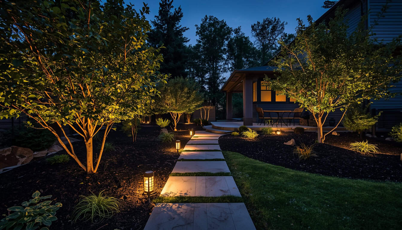 Strategic landscape lighting illuminating a backyard pathway and garden to improve outdoor safety and ambience at night