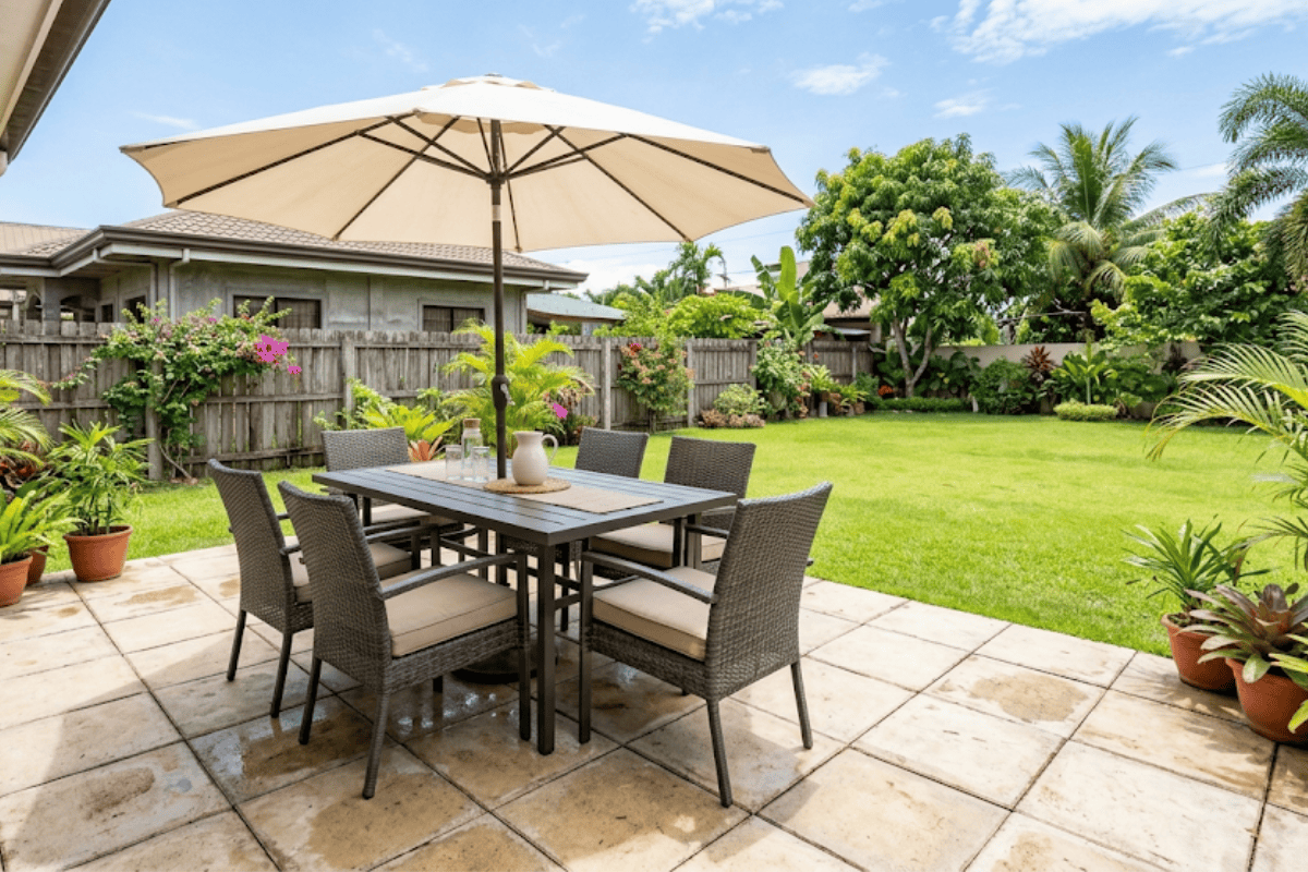 Outdoor dining set with umbrella on a stone patio in an Oklahoma backyard