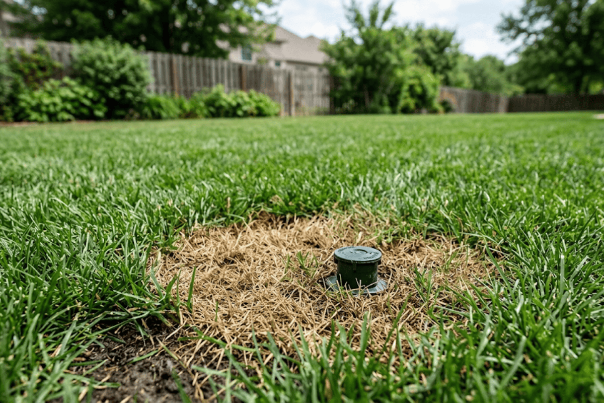 Brown dead grass patch around a sprinkler head in a green Tulsa lawn