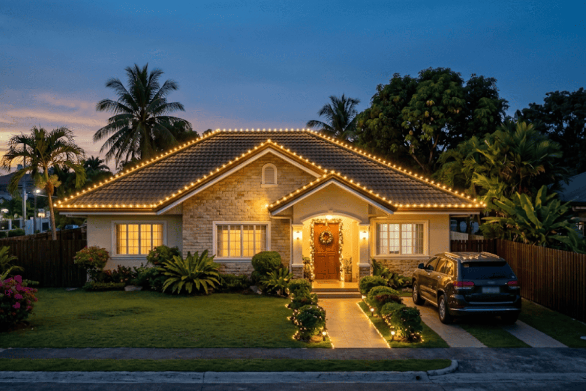 Tulsa home with warm white Christmas lights outlining the roofline at dusk