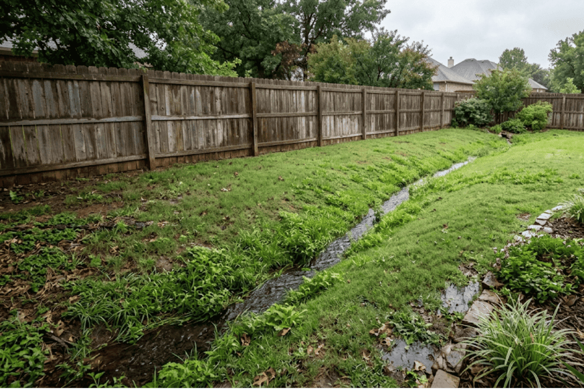 Wet drainage swale running along a wooden fence in a backyard