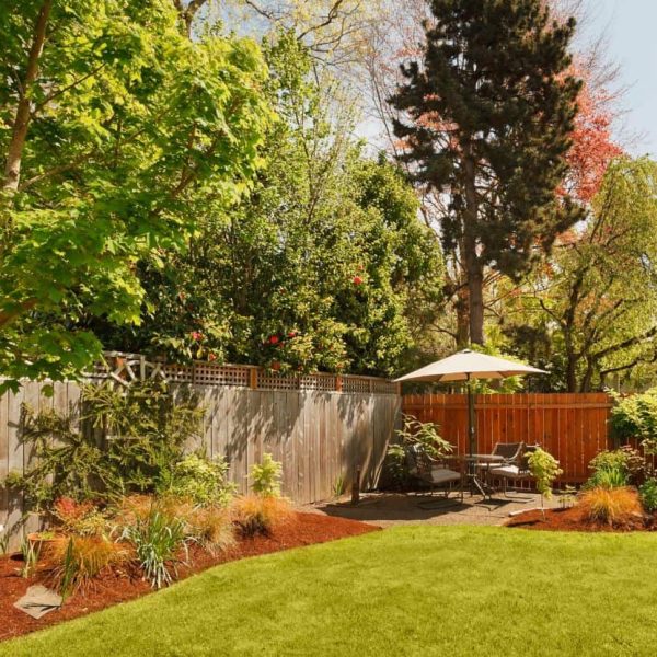 Professional backyard landscape design with stone pathway and outdoor living area